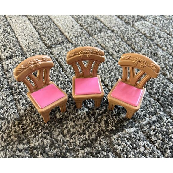 FISHER PRICE Loving Family‎ Dollhouse DINING KITCHEN CHAIR Brown Pink Set of 3 - Picture 1 of 3